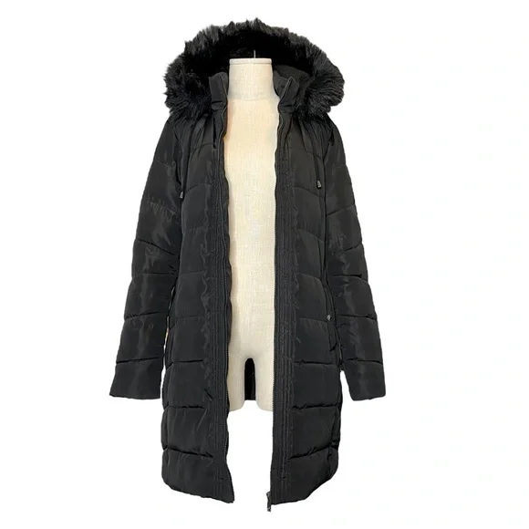 Sam Edelman Black Puffer Coat Faux Fur Removable Hood Cozy Long
